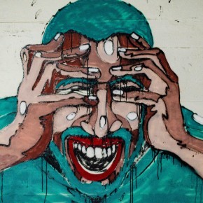 Street Art / Illustration eines Mannes, der die Hände über dem Kopf zusammenschlägt
